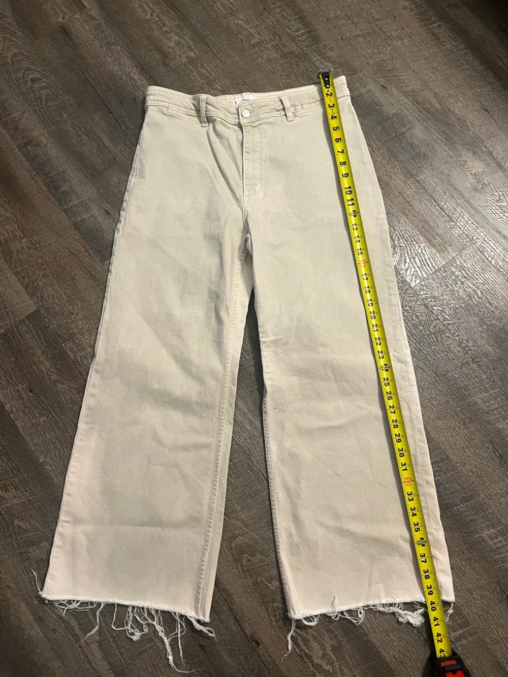 MNG Women’s Size12 High-Rise Cream Wide-Leg Jeans with Frayed Hem